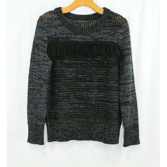 Banana Republic $98 Womens Black Grey Wool Blend Fringe Trim Sweater S NWT - Picture 1 of 6